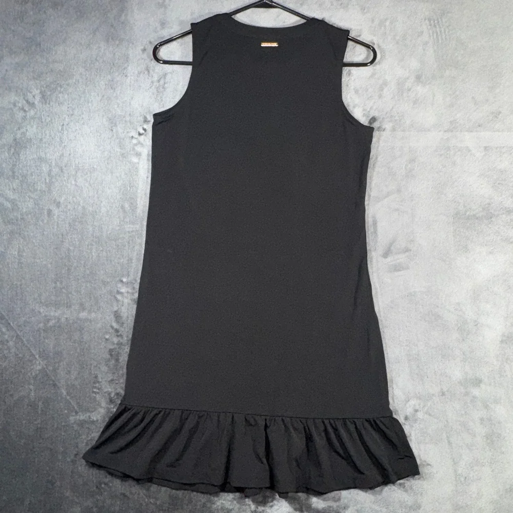 Michael Kors Sleeveless Ruffle Hem Dress Black Keyhole Gold Logo QS380QB03G S